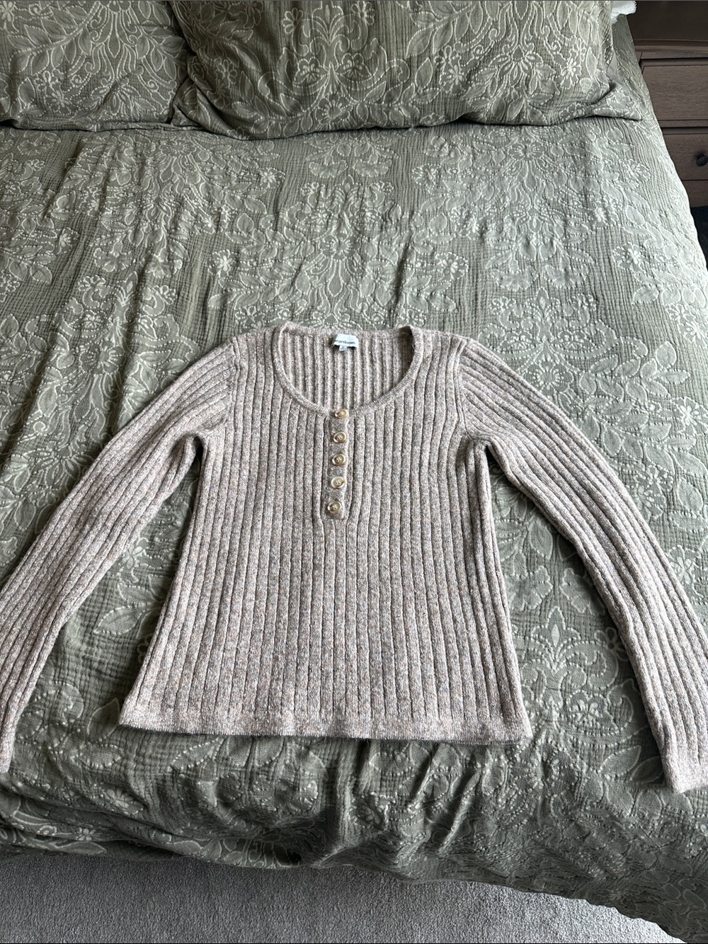Womens Ribbed Long-Sleeve Button Henley Sweater - beige